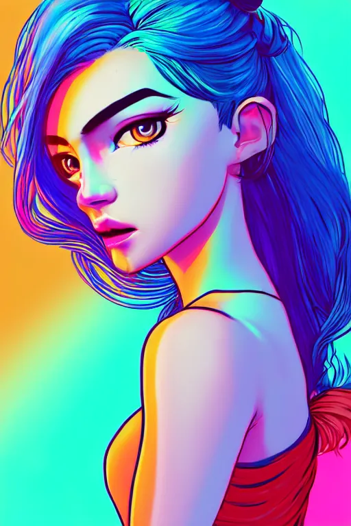 Image similar to a award winning portrait of a beautiful woman with stunning eyes in a one off shoulder croptop and cargo pants with rainbow colored hair, outlined by whirling illuminated neon lines and fine lines swirling in circles by ilya kuvshinov, digital art, trending on artstation