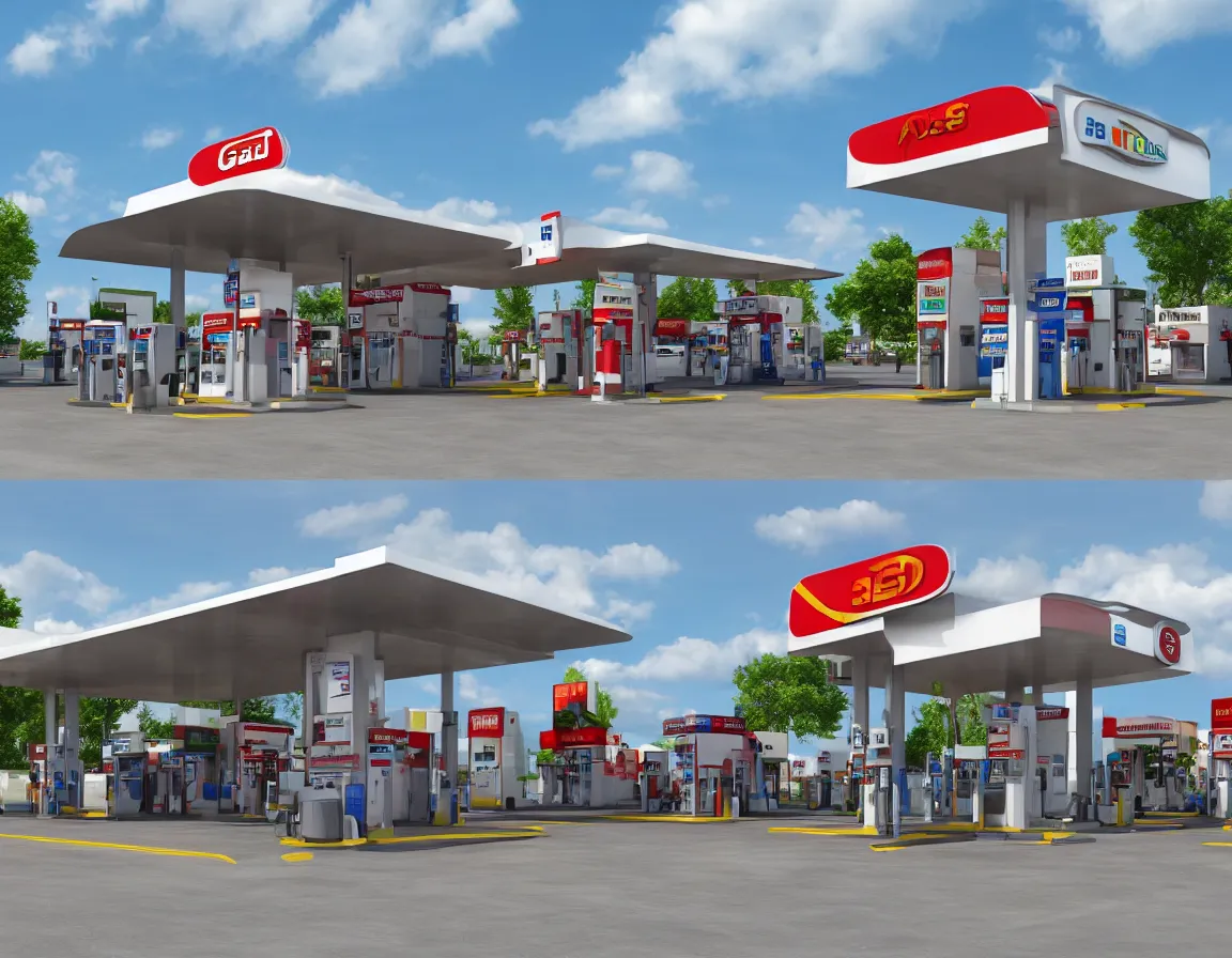 Prompt: hyper realistic 3 d rendering of gas station isolated on white background, hd, hdr, ultra detailed, high resolution