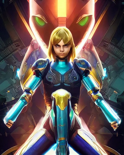 Prompt: Symmetric movie poster of Cara delevingne as Samus Aran , Epic Fantasy cover art, ultra wide lens shot,cinematic lighting, beautiful,art by Artgerm and Greg Rutkowski and Alphonse Mucha