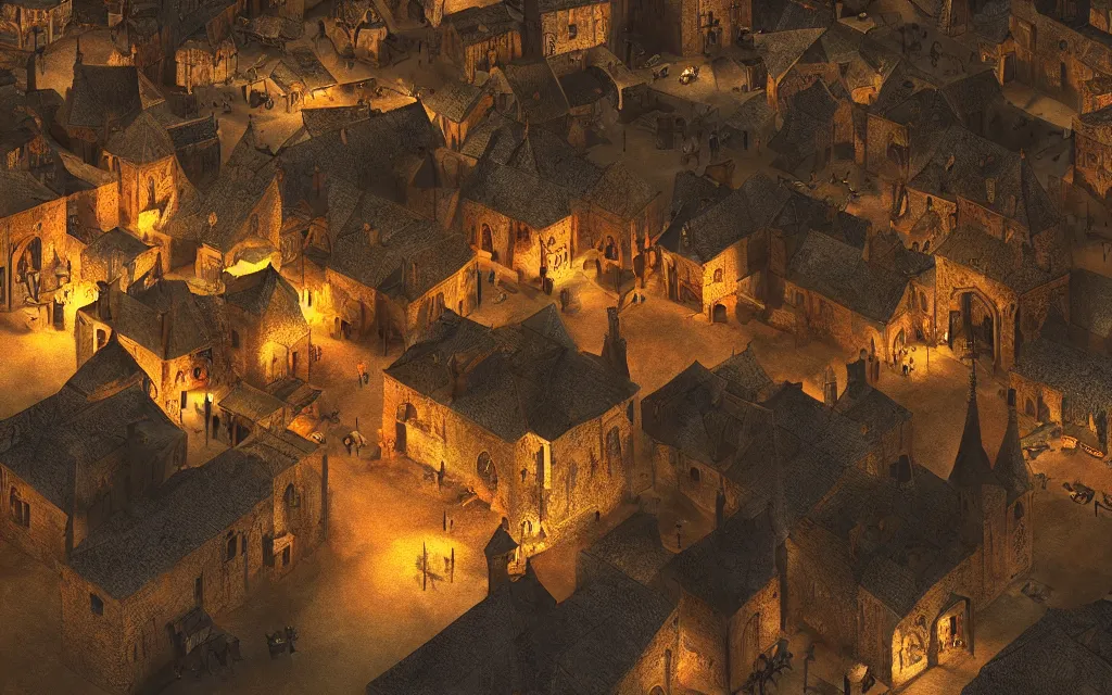 Image similar to the square of a medieval english village with a well in the center, arches, orange light, highly detailed, cinematic lighting, render, fantasy