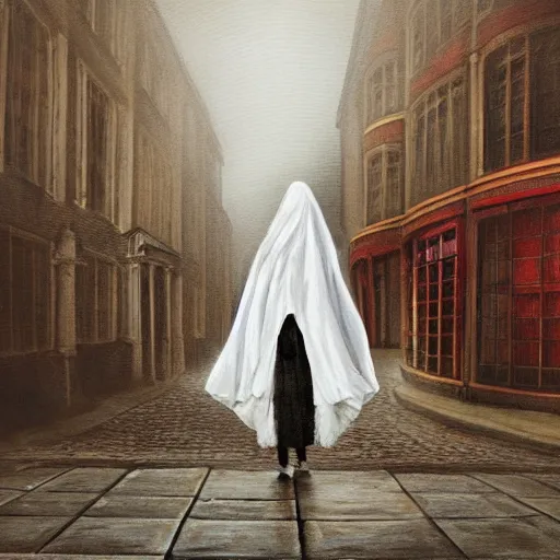 Image similar to ominous bedsheet ghost walking through the center of old london city, oil painting, gloomy misty atmosphere, symmetrical, full body image, highly ornate intricate details, very sharp photo,