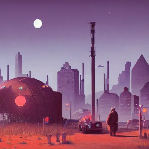 Prompt: An atompunk city with the moon shining through the clouds in utopia by Simon Stålenhag and Greg Rutkowski,In style of Grant Wood.hyper detailed,8K Resolution,unreal engine 5,Ray Tracing,highly realistic.trending on Artstation