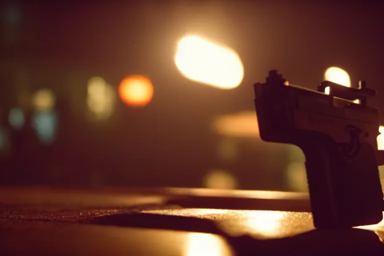 Image similar to film still of closeup pistol taped to the bottom of table, cinematic, moody, gritty neon noir by emmanuel lubezki