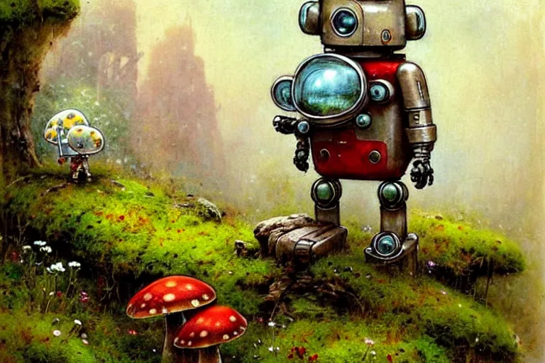 Image similar to adventurer ( ( ( ( ( 1 9 5 0 s retro future robot android mouse in forrest of giant mushrooms, moss and flowers stone bridge. muted colors. ) ) ) ) ) by jean baptiste monge!!!!!!!!!!!!!!!!!!!!!!!!! chrome red