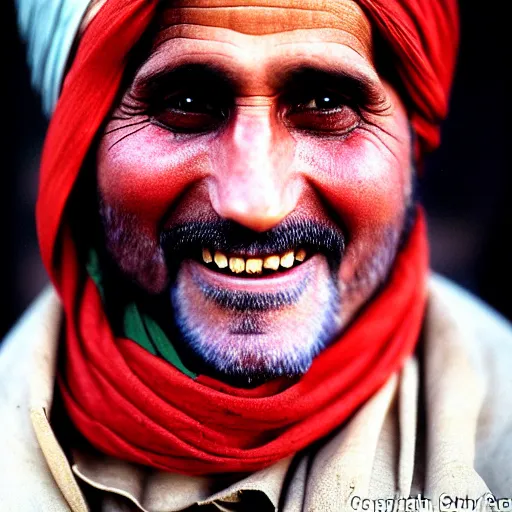 Image similar to portrait of george washington as afghan man, green eyes and red scarf looking intently, laughing, photograph by steve mccurry