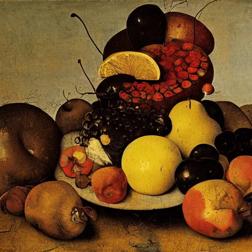 Prompt: still life of rotting fruit, pieter bruegel the elder, oil painting, yellowed