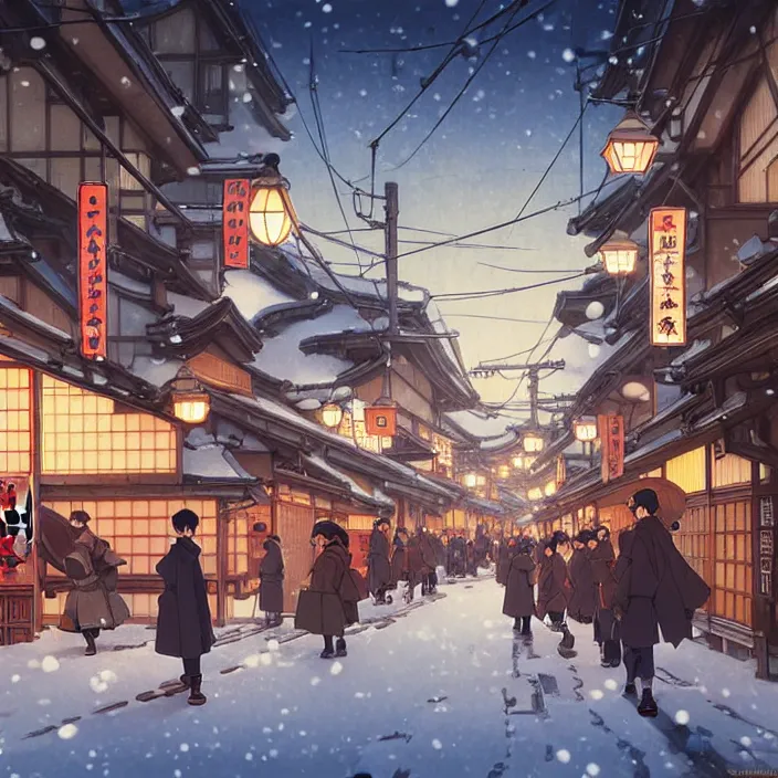 Image similar to japanese big city, winter, in the style of studio ghibli, j. c. leyendecker, greg rutkowski, artem