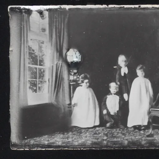 Image similar to vintage photograph of wealthy victorian mansion with family, ghost images and ectoplasm in the background, ghost hunting photograph