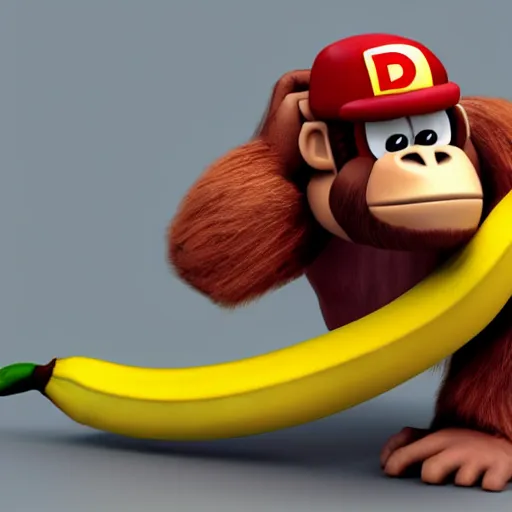 Image similar to Donkey Kong slips on a banana, 3D render, detailed clay model