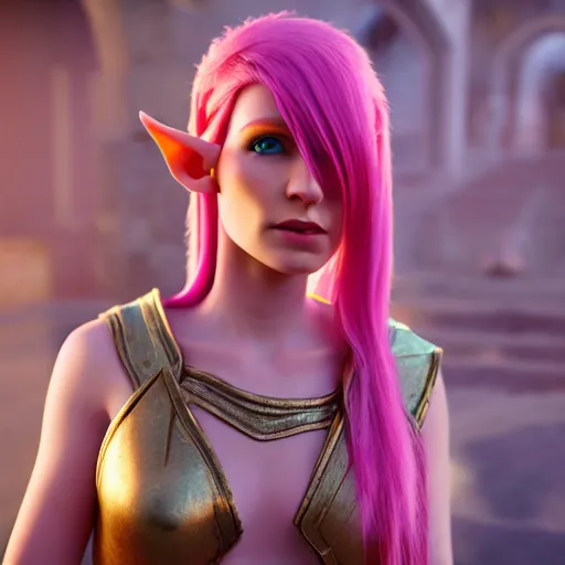 Image similar to attractive cleric half elf woman with pink hair, beautiful, 4 k, 8 k, unreal render, cinematic lighting