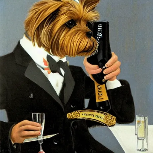 Prompt: a Yorkshire terrier wearing a black bow tie and drinking a bottle of champagne on a yacht in heaven, extremely detailed masterpiece, illustration, by Michael Sowa,