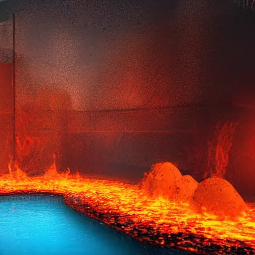 Image similar to A beautiful pool in the middle of a volcano throwing lava, digital art,