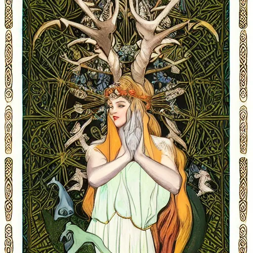 Prompt: Tarot card with a goddess in a forest, with a white deer, magical, in the style of JC Leyendecker, highly detailed and intricate, 8k