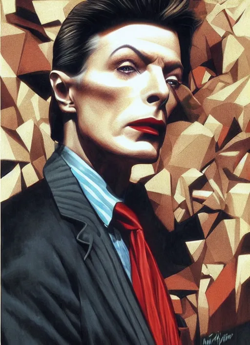 Image similar to twin peaks poster art, portrait of the david bowie fbi agent, this world wasn't enough for him, by michael whelan, rossetti bouguereau, artgerm, retro, nostalgic, old fashioned