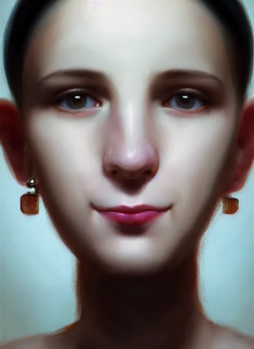 Image similar to portrait of white teenage girl, narrow face, short black hair, bangs, half updo hairstyle, buck teeth, smile, unattractive, defined jawline, long chin, wearing hair bow, earrings, intricate, elegant, glowing lights, highly detailed, digital painting, artstation, sharp focus, illustration, art by wlop, mars ravelo and greg rutkowski