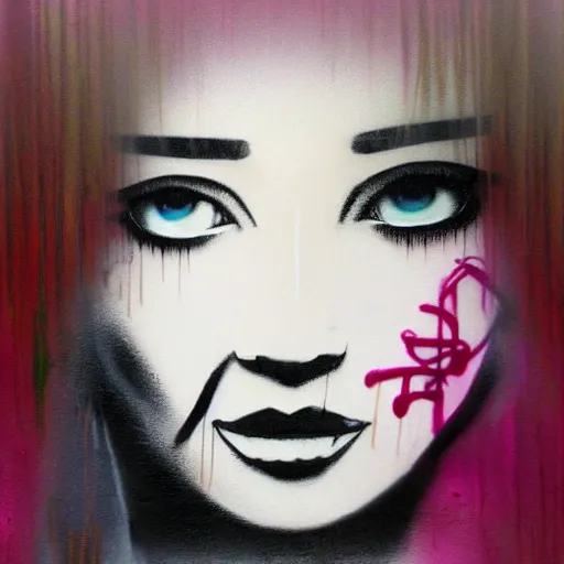Prompt: beautiful female graffity, close up face, by Banksy, trending on Artstation