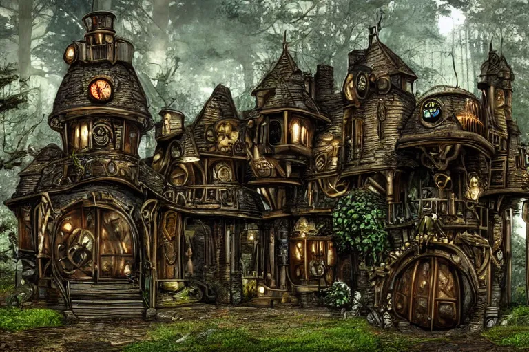 Image similar to photograph of a fantasy style woodland steampunk mansion with clockwork mechanic doors in an ancient forest