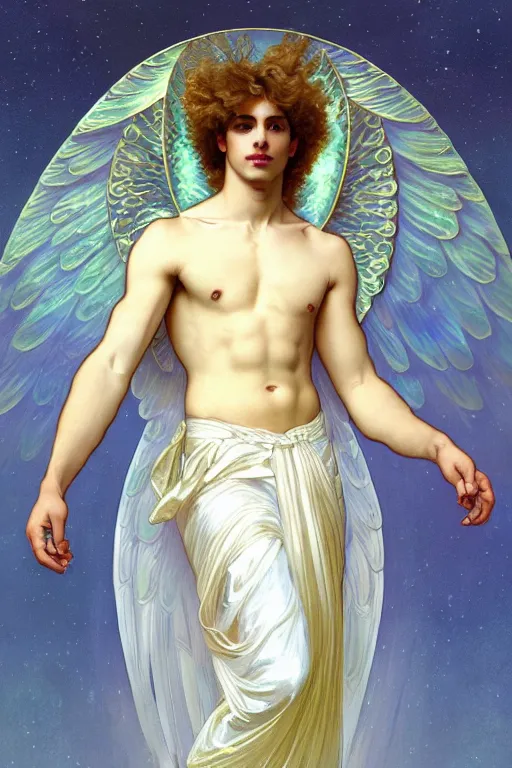 Prompt: fullbody portrait of a beautiful young fit male angel with curly blond hairs, soft smile, closed eyes, blessing palms, dressed in fluent skirt, majestic symmetrical eagle wings, luminous halo, by greg rutkowski and alphonse mucha, gradient white to gold, in front of an iridescent background, highly detailed portrait, digital painting, smooth, focus illustration