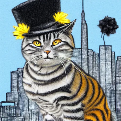 Prompt: animal friends portrait of a grey tabby cat wearing top hat sitting next to a black cat wearing a flower lei necklace, city skyline in the background, detailed colored pencil drawing 4 k