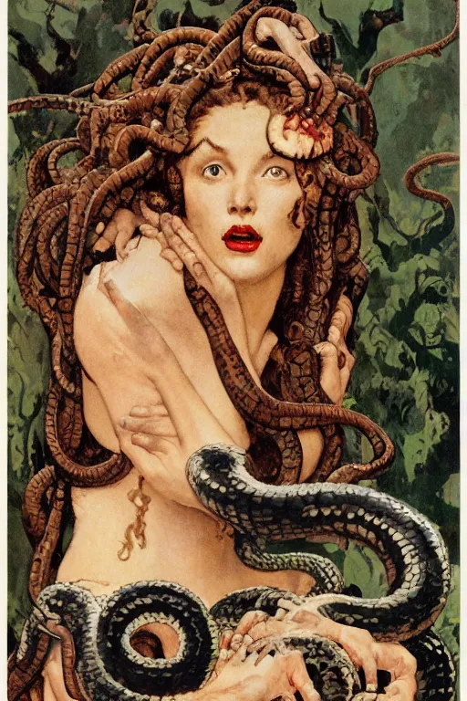 Prompt: head and shoulders portrait of fierce woman as medusa with snakes growing out of her head, norman rockwell, jacob collins, tom lovell, frank schoonover