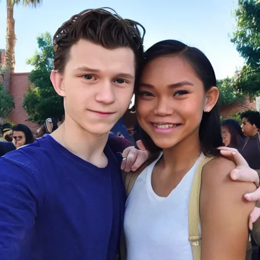 Image similar to Tom Holland with his arm around a beautiful Filipina college girl at Chapman University