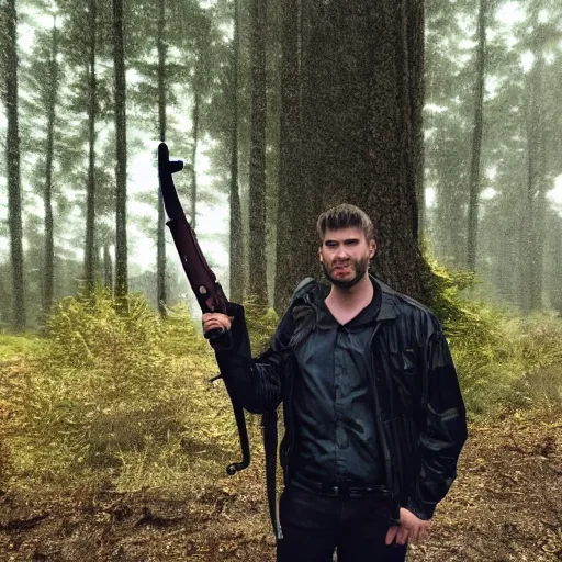 Prompt: giga chad from the memes holding a weapon in a forest the weather is raining