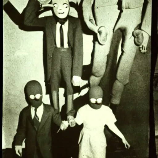 Image similar to a higly detailed album of scared children from running slenderman from the 1940s, creepy, unsettling, bad quality, cursed image