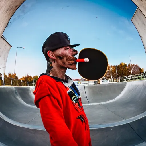 Prompt: a clown smoking a cigarette while skateboarding at a skate park on a sunny sunday morning, award winning photography, fisheye lens, detailed eyes, sports photography,