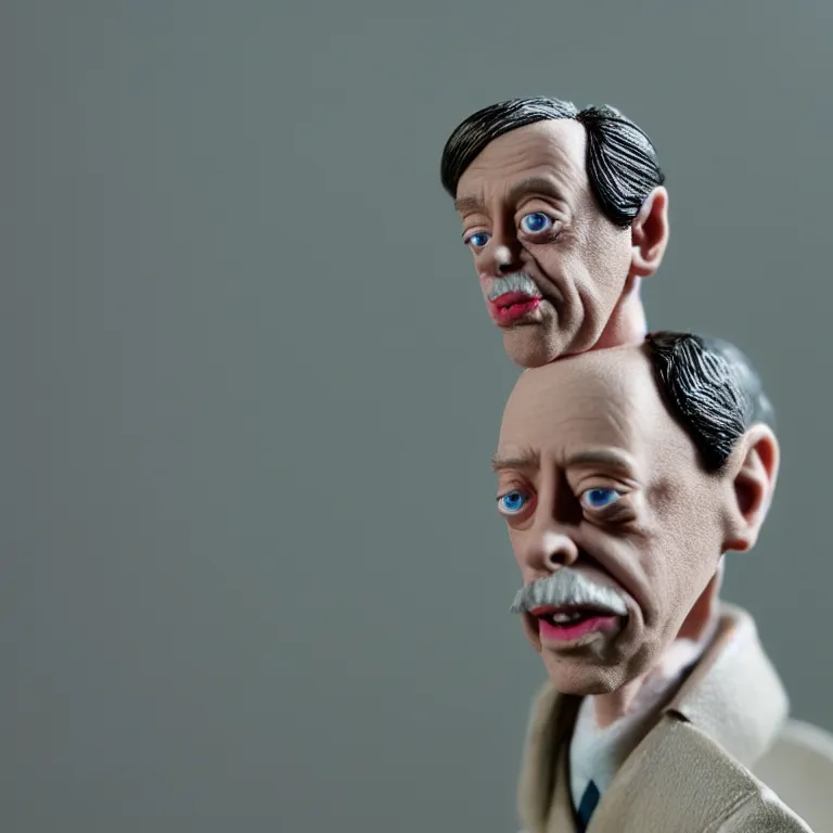 Image similar to a cinematic film still of a claymation stop motion film starring steve buscemi, portrait, shallow depth of field, 8 0 mm, f 1. 8