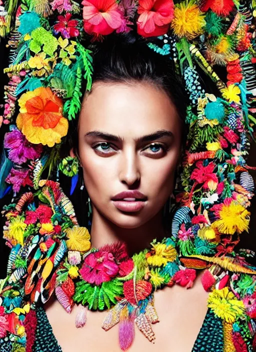 Prompt: beautiful portrait of Irina Shayk wearing fantastic dress,embellished beaded feather decorative fringe knots ,colorful pigtail,subtropical flowers and plants,perfect symmetrica body shape,symmetrical face,intricate,elegant,highly detailed,8k,post-processing,digital painting,harper's bazaar,trending on pinterest,concept art, sharp focus, illustration, by artgerm,Tom Bagshaw,Lawrence Alma-Tadema,greg rutkowski,golden ratio