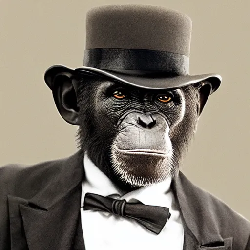 Image similar to photograph of a chimpanzee wearing a monocle and a top hat. 8 k. hyper real. trending on artstation trending on deviantart.