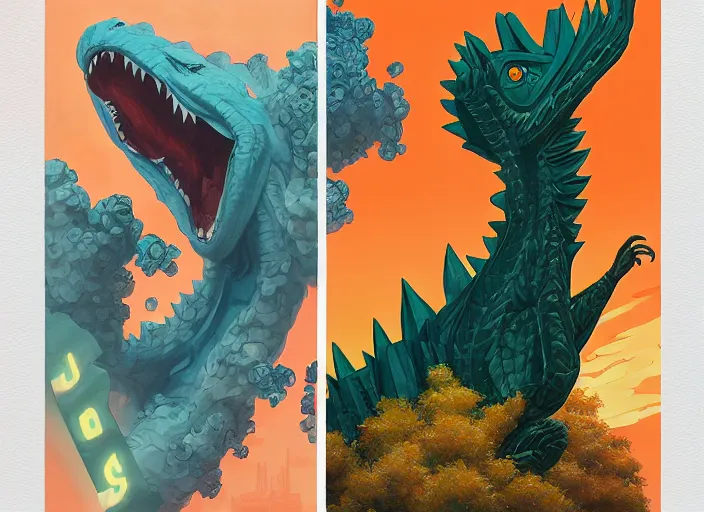 Image similar to godzilla vs. gumby painting, tristan eaton, victo ngai, artgerm, rhads, ross draws