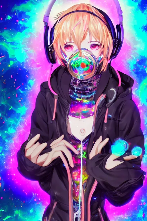 Image similar to portrait of an 3d anime character with cute sparkly eyes wearing a psychedelic holographic hoodie and headphones, long hair with pastel colors, wearing a cute face gas mask in the style of code vein by Kurumi Kobayashi Koichi Itakura, 3d anime, octane render, dynamic dramatic lighting, with glitch and chromatic abbreviations, artstation, cgsociety, imaginefx, by anime concept artist, rendered in unreal engine, by WENJR, WLOP, artgerm