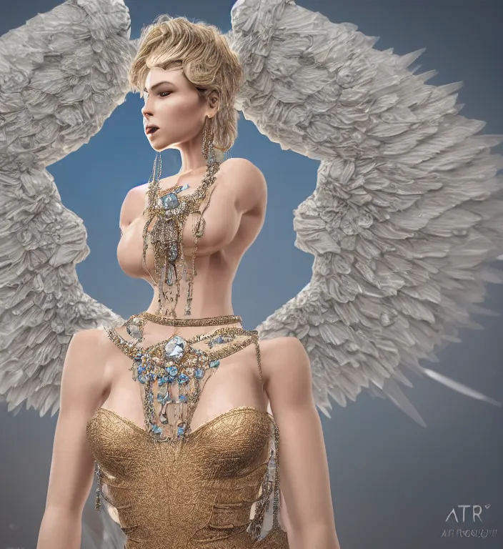 Prompt: centered waist up portrait of an angel wearing an incredible dress with jewelry, bokeh + DOF + 8k, photorealistic + rendered in vray + ultra realistic + backlit + strong rim light + HDRI, HD, Photoreal , by Andon Hristov, trending on artstation