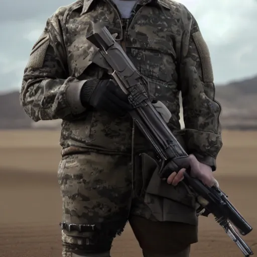 Image similar to Saul Goodman wearing heavy modern military gear and holding a machine gun, highly detailed, 4k