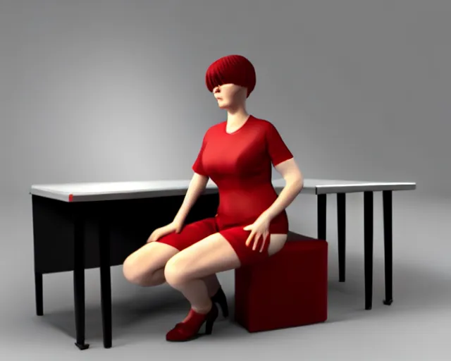 Prompt: a woman sitting on a desk with a heart shaped object in her lap, computer graphics by Minerva J. Chapman, polycount, net art, daz3d, 3d, rendered in maya