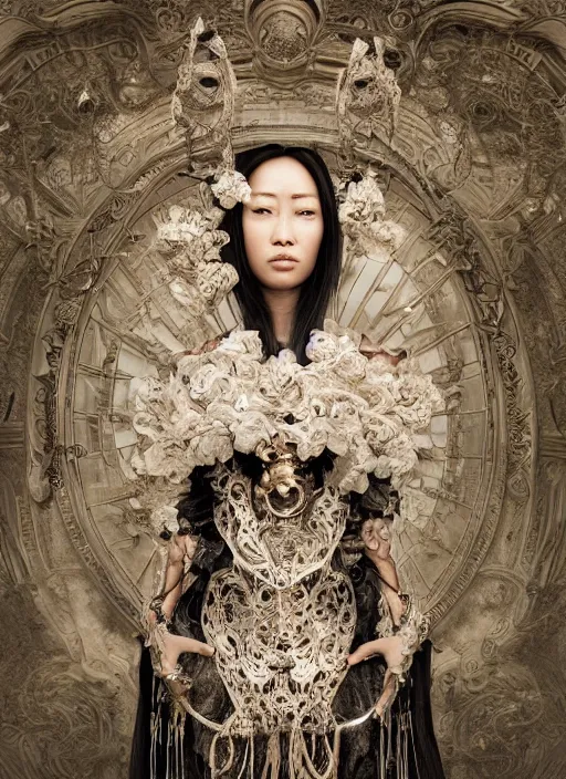 Image similar to a portrait of asian female by stefan geselle and nekro borja, photorealistic, intricate details, hyper realistic, fantasy, elegant, baroque victorian steampunk, photorealistic, canon r 3, photography, symmetrical features, symmetrical pose, wide angle shot, standing pose, feet on the ground, wearable art