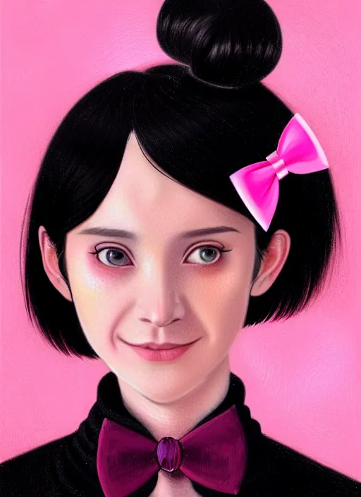 Image similar to portrait of high school girl, realistic, black hair, bangs, half updo hairstyle, pointy nose, skinny, smile, ugly, defined jawline, big chin, pink hair bow, earrings, intricate, elegant, glowing lights, highly detailed, digital painting, artstation, sharp focus, illustration, art by wlop, mars ravelo and greg rutkowski