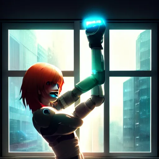 Prompt: beautiful cyborg - girl punching into a large reflective shattering window, window reflections, reflective, mirror reflection, refractions on lens, full round face, biomechanical details, cyberpunk anime art, full body shot, lens flare, wlop, ilya kuvshinov, artgerm, krenz cushart, greg rutkowski