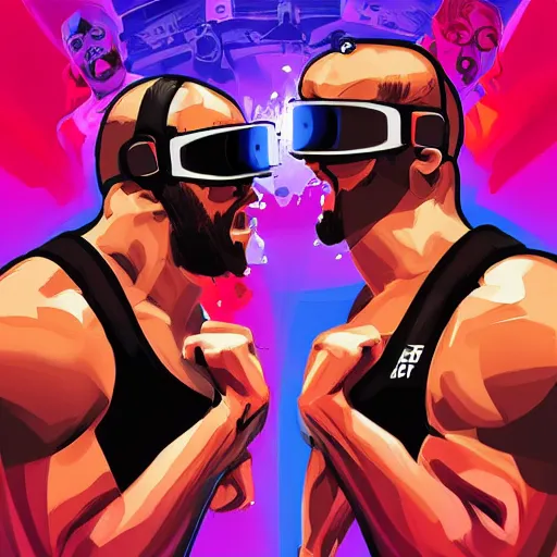 Prompt: poster art of wrestlers wearing vr headsets shrugging, shruggin arms, gta cover, apex legends, tap out, ufc, 8 k, hd, professional digital illustration by sam spratt