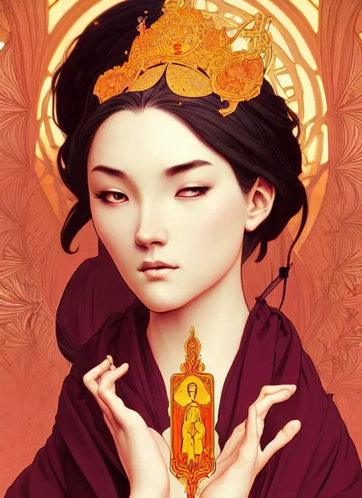 Image similar to A beautiful female monk, highly detailed, digital painting, smooth, sharp focus, tarot illustration, art by artgerm and alphonse mucha, high definition digital art, in the style of Ross tran and ilya kuvshinov