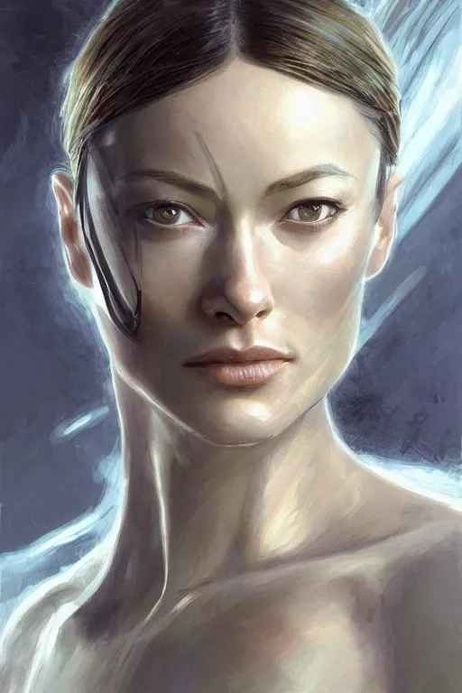 Image similar to a professional painting of a young Olivia Wilde, clothes in military armor, olive skin, long dark hair, beautiful bone structure, symmetrical facial features, intricate, elegant, digital painting, concept art, smooth, sharp focus, illustration, from StarCraft by Ruan Jia and Mandy Jurgens and Artgerm and William-Adolphe Bouguerea