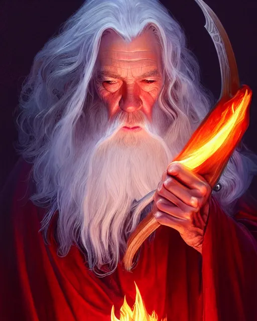 Image similar to Gandalf casting a fire spell, red led, glowing, D&D, fantasy, intricate, elegant, highly detailed, digital painting, artstation, concept art, matte, sharp focus, illustration, hearthstone, art by Artgerm and Greg Rutkowski and Alphonse Mucha