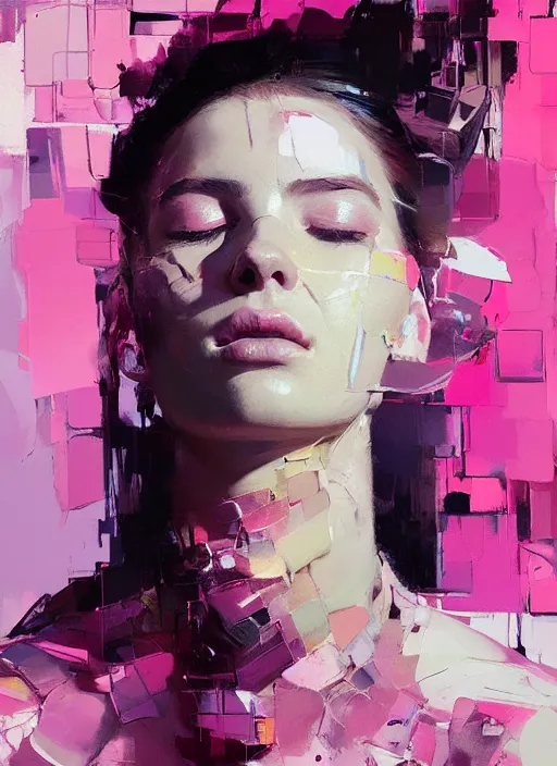 Prompt: portrait of a beautiful girl, eyes closed, shades of pink, beautiful face, rule of thirds, intricate outfit, spotlight, by greg rutkowski, by jeremy mann, by francoise nielly, digital painting