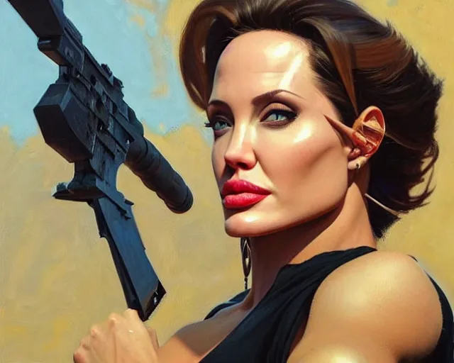 Image similar to greg manchess portrait painting of angelina jolie as beautiful thick female bodybuilder zarya from overwatch, medium shot, asymmetrical, profile picture, organic painting, sunny day, matte painting, bold shapes, hard edges, street art, trending on artstation, by huang guangjian and gil elvgren and sachin teng