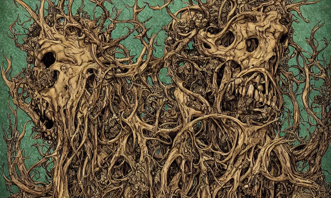 Image similar to hyperdetailed art nouveau portrait of treebeard as a cthulhu eyeball skull wendigo cryptid monster, by geof darrow, simon bisley and bill sienkiewicz, grim yet sparkling atmosphere, photorealism, claws, skeleton, antlers, fangs, forest, wild, crazy, horror, lynn varley, lovern kindzierski, steve oliff