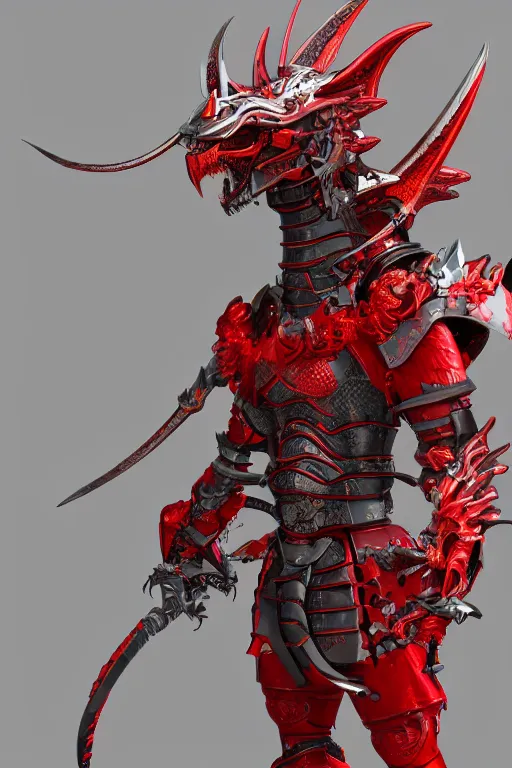 Image similar to a mechanical dragon samurai in red japanese armor, full body, photography, trending on artstation, high details, unreal engine 5, 8k, ultra realistic, wide angle