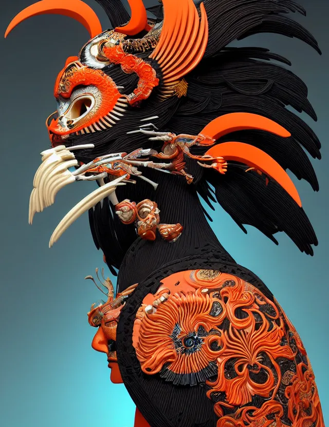 Image similar to 3 d goddess close - up profile portrait biomechanics with ram skull. beautiful intricately detailed japanese crow kitsune mask and clasical japanese kimono. betta fish, jellyfish phoenix, bio luminescent, plasma, ice, water, wind, creature, artwork by tooth wu and wlop and beeple and greg rutkowski. gold and black and teal and orange color scheme