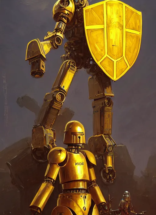 Image similar to human-sized strong intricate yellow pit droid holding large paladin medieval shield!!! and a long medieval engraved powerful great sword, pancake short large head painterly humanoid mecha, beautiful fantasy background by Greg Rutkowski