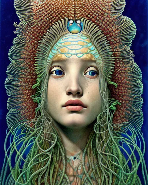 Prompt: realistic detailed underwater face portrait of the beautiful young goddess of the fish of the three lights with an intricate headdress of corals, sea kelp, sea plants, fish, jellyfish, art by ernst haeckel, h. r. giger, zdzisław beksinski, gustav klimt, gothic, neo - gothic, hyper - ornamental,